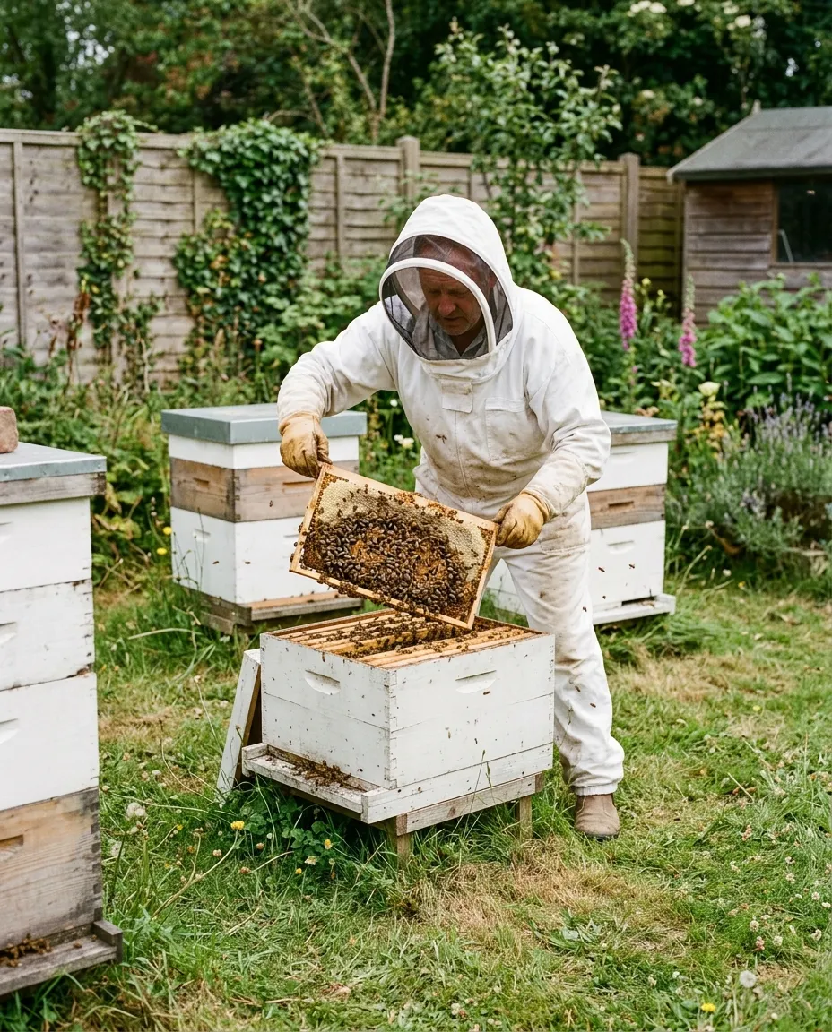 Beekeeper inspecting hive frames in an apiary